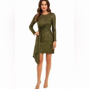 Taylor Draped Sequin Mesh Fit and Flare in Grasshopper Green